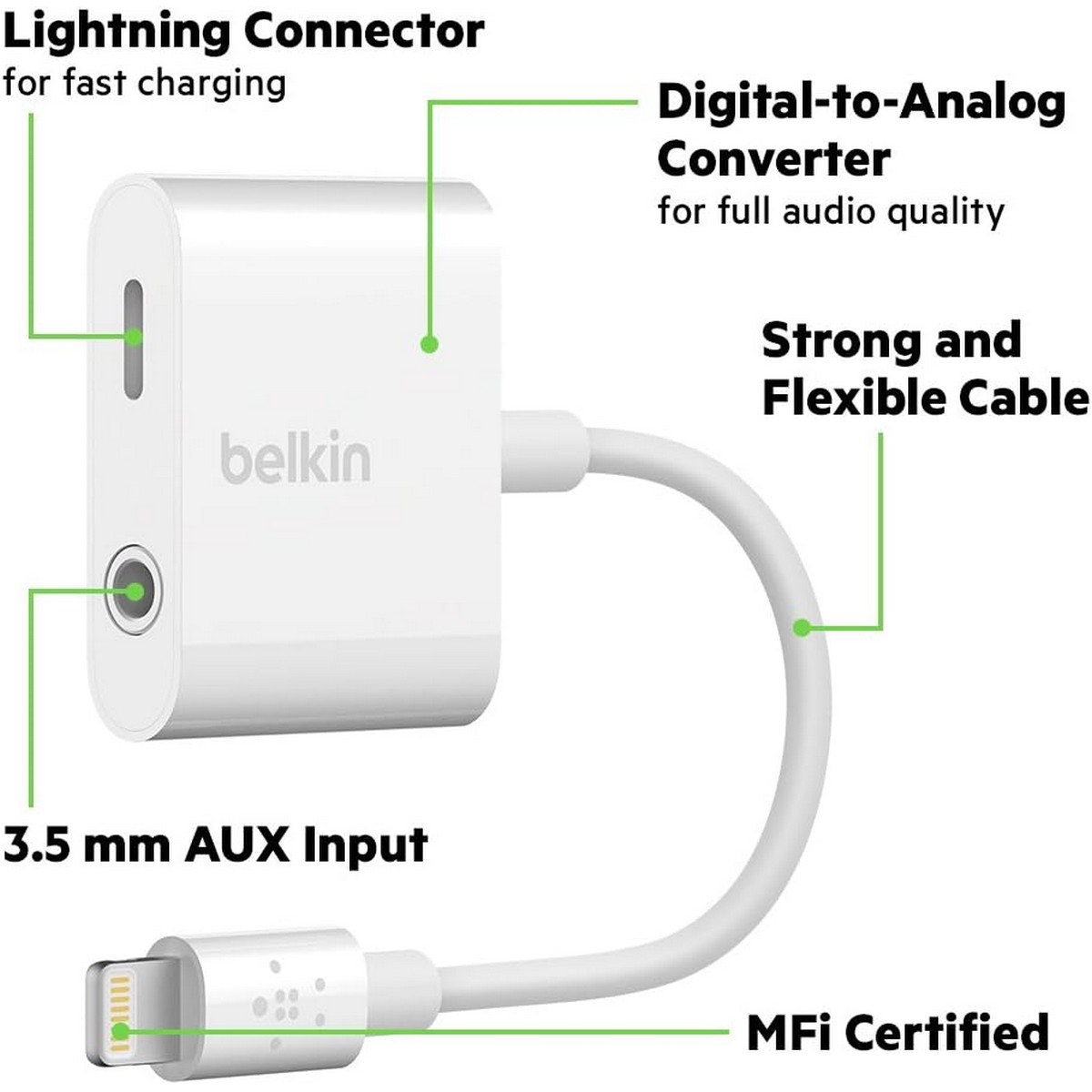 Belkin White Rockstar Lightning to 3.5mm Audio & Charge Adapter