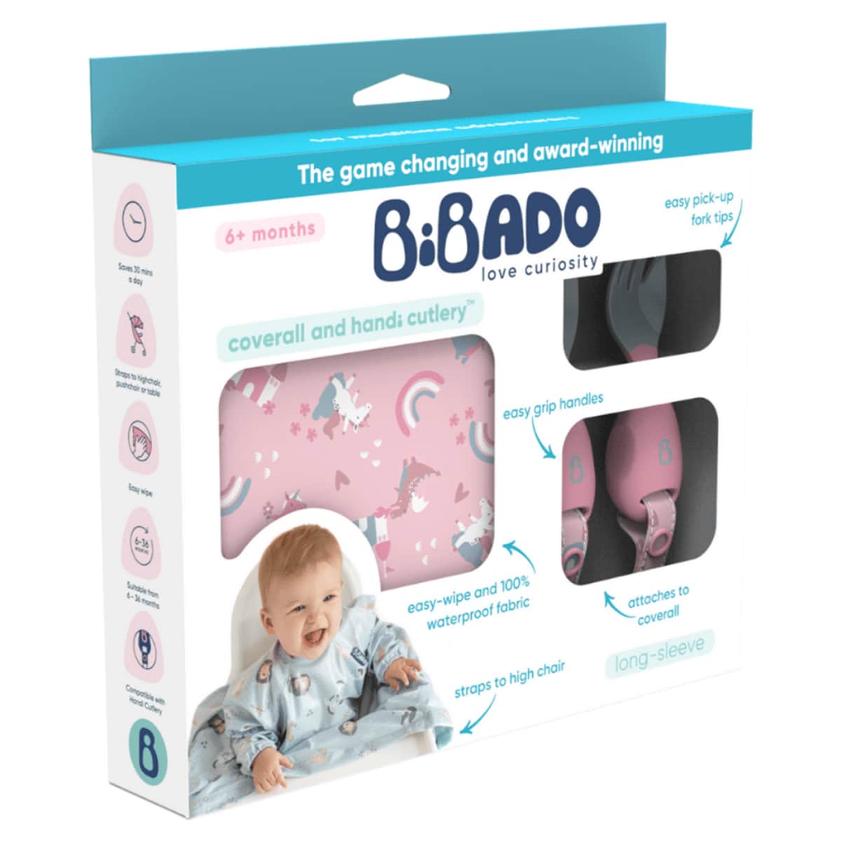 Bibado Coverall Bib & Pink Handi Cutlery Set Unisex, 0-2 Years
