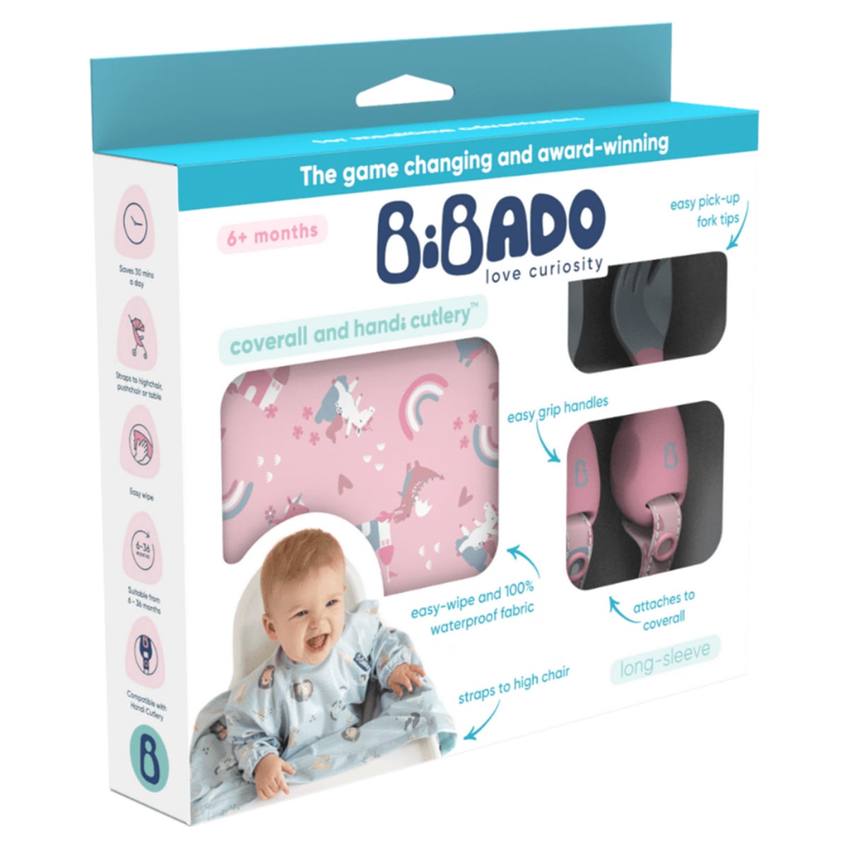 Bibado Coverall Bib & Pink Handi Cutlery Set Unisex, 0-2 Years