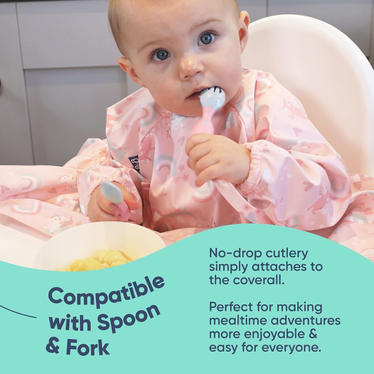Bibado Coverall Bib & Pink Handi Cutlery Set Unisex, 0-2 Years