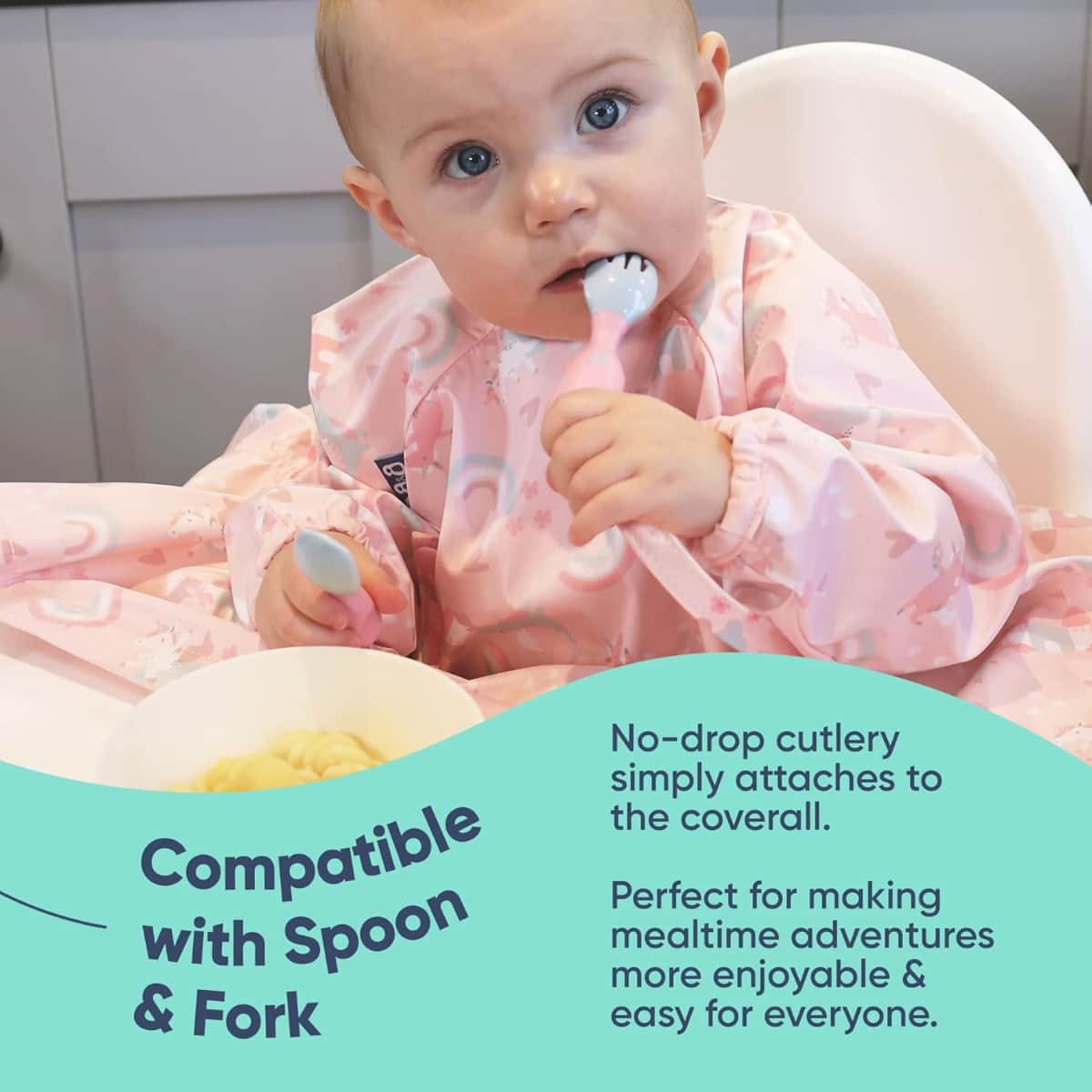 Bibado Coverall Bib & Pink Handi Cutlery Set Unisex, 0-2 Years