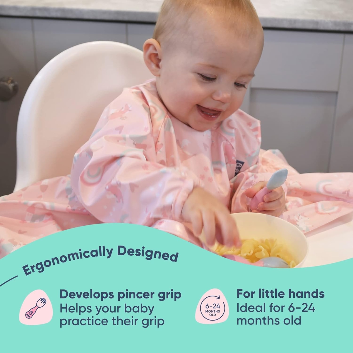 Bibado Coverall Bib & Pink Handi Cutlery Set Unisex, 0-2 Years