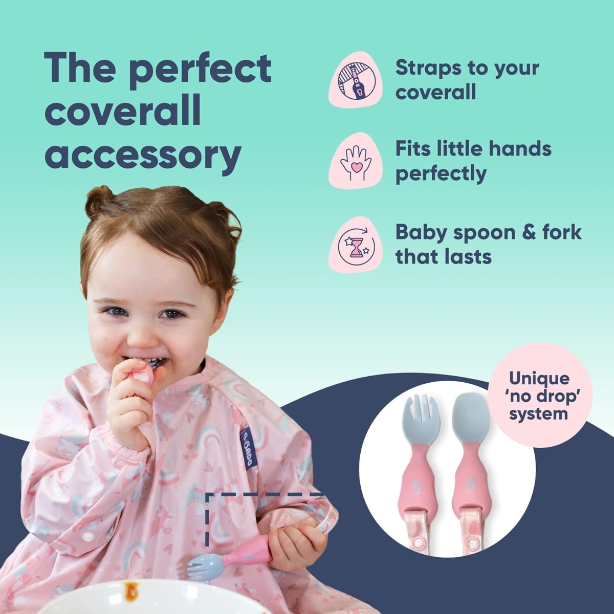 Bibado Coverall Bib & Pink Handi Cutlery Set Unisex, 0-2 Years