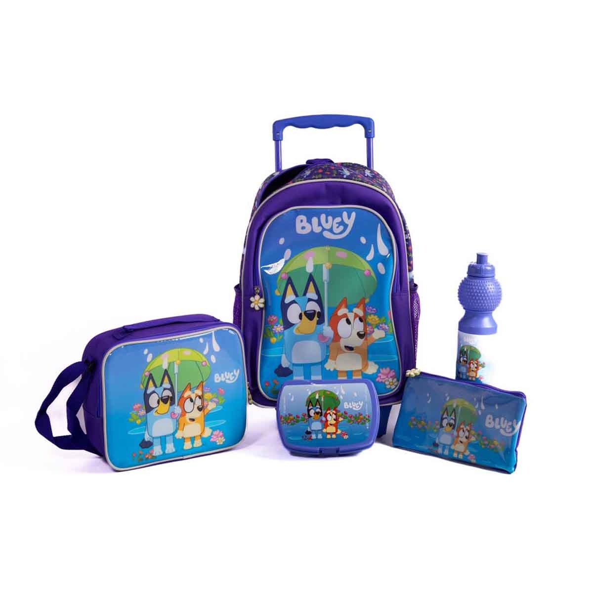 Bluey 16" Blue Trolley Bag Set with Lunch Bag, Pencil Case, Water Bottle & Lunch Box Girls, 5-7 Years