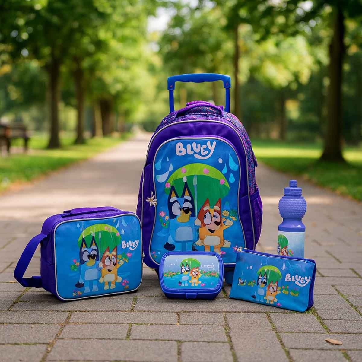 Bluey 16" Blue Trolley Bag Set with Lunch Bag, Pencil Case, Water Bottle & Lunch Box Girls, 5-7 Years