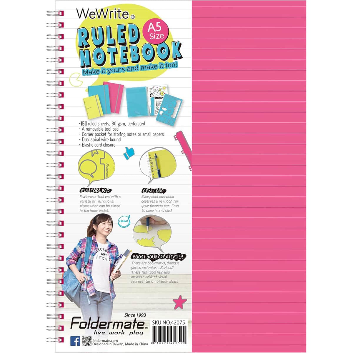 Foldermate A5 80GSM 150 Sheet WeWrite Regular Colour 5 Subject Assorted Spiral Notebook, Pack of 10