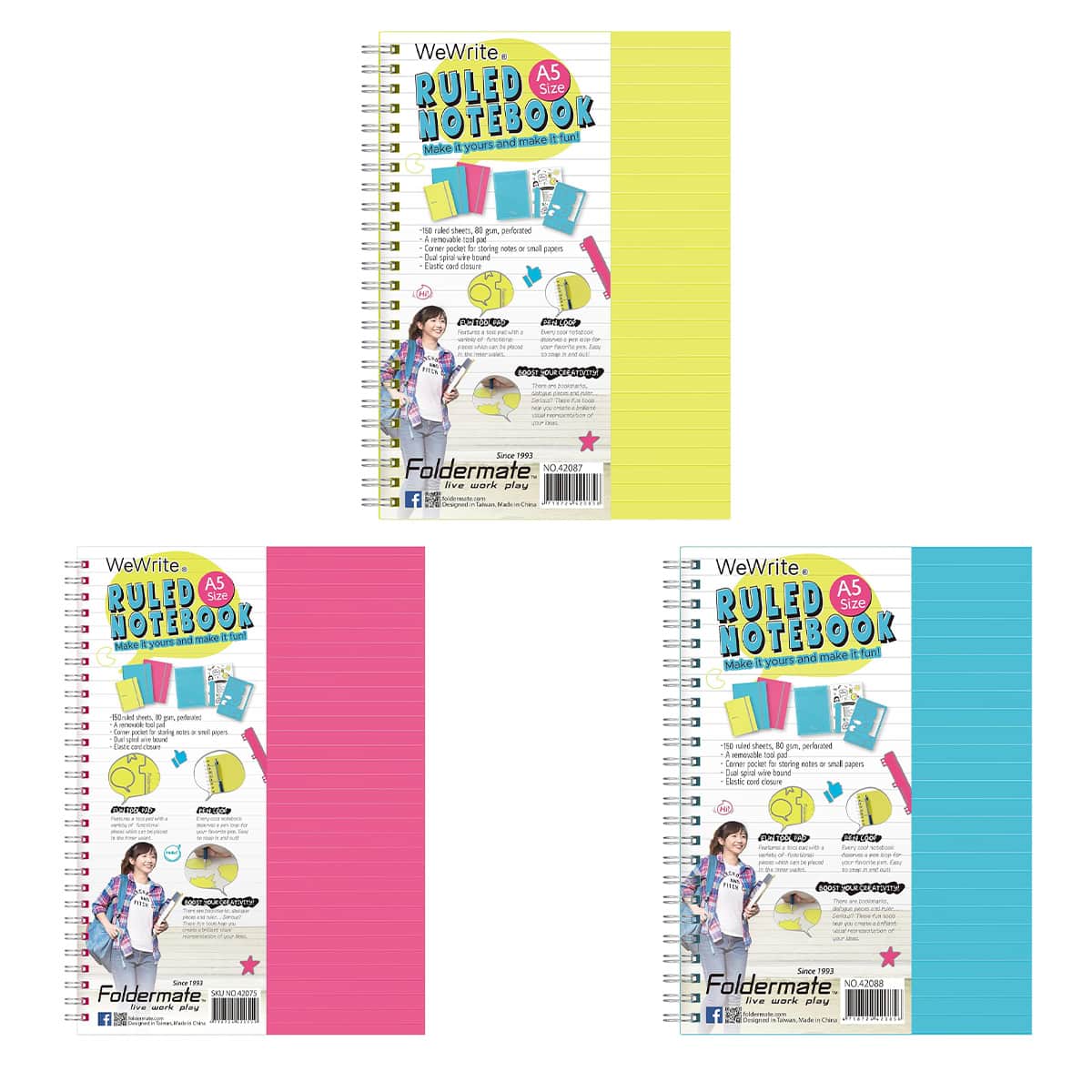 Foldermate A5 80GSM 150 Sheet WeWrite Regular Colour 5 Subject Assorted Spiral Notebook, Pack of 10