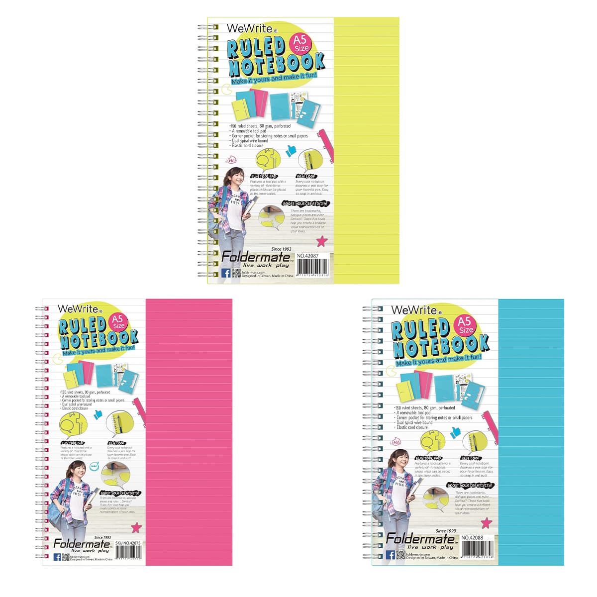 Foldermate A5 80GSM 150 Sheet WeWrite Regular Colour 5 Subject Assorted Spiral Notebook, Pack of 10