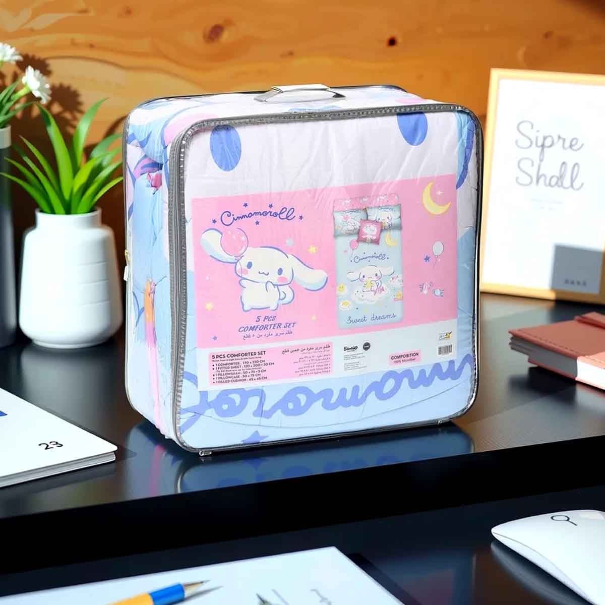 سينامورول طقم لحاف مكون من 5 قطع من ألياف دقيقة مفرشة موديل HM-5IN1BNB-15 مع غلاف بوليستر