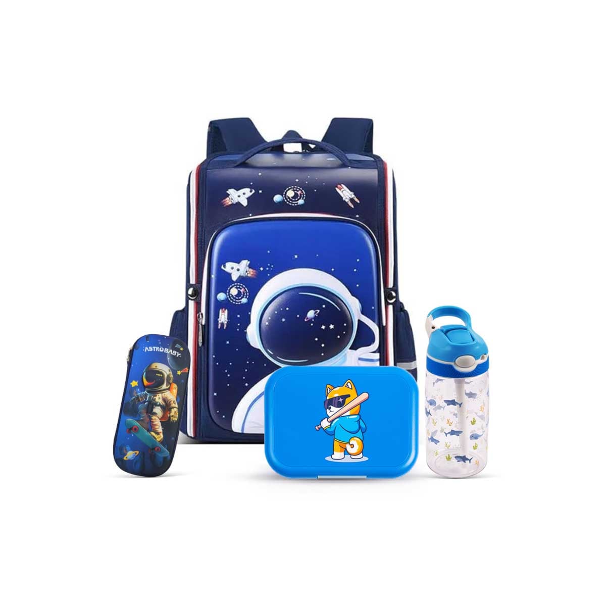 Cocobee 15" Blue Astronaut Backpack + Pencil Case + Water Bottle with Bento Lunch Box Set