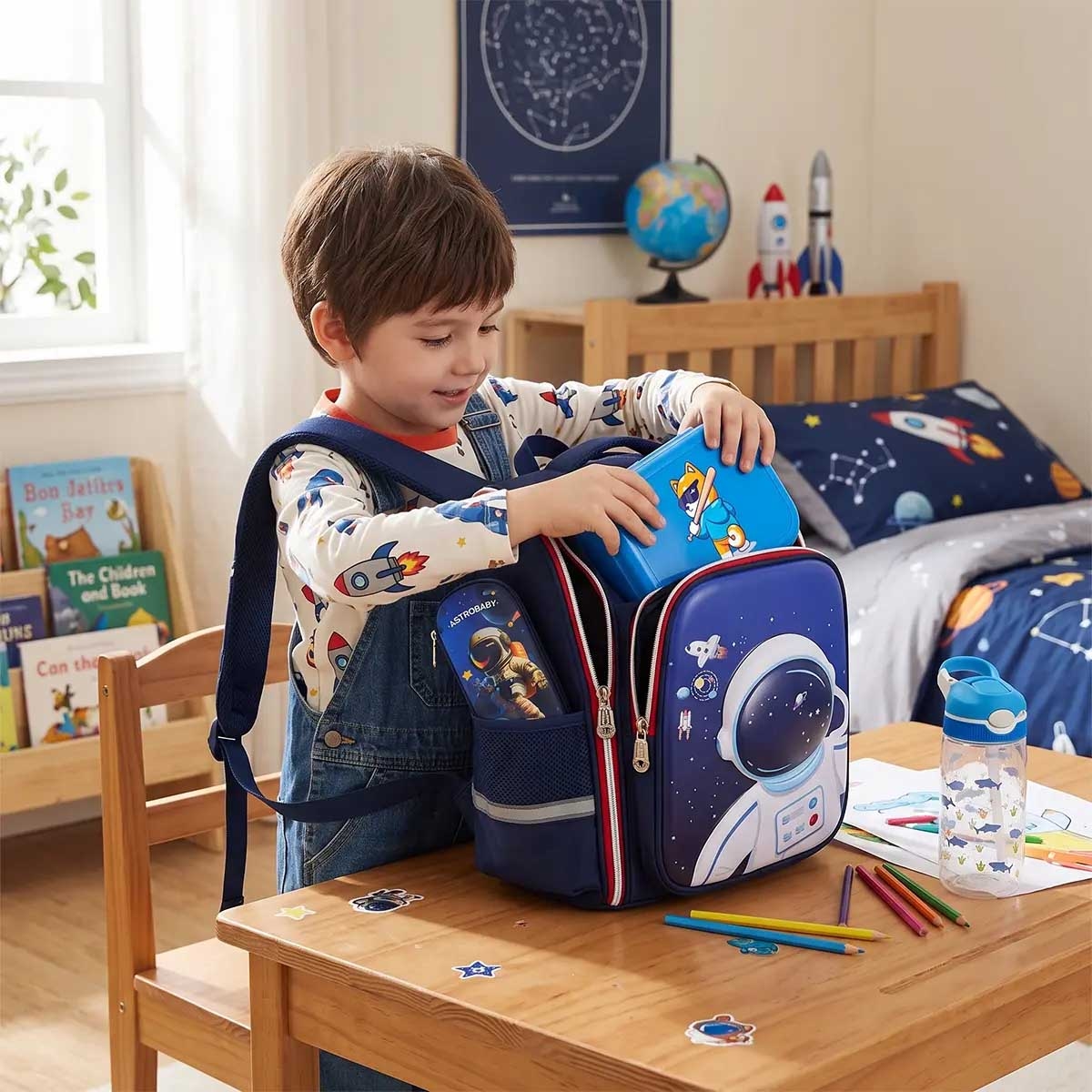 Cocobee 15" Blue Astronaut Backpack + Pencil Case + Water Bottle with Bento Lunch Box Set