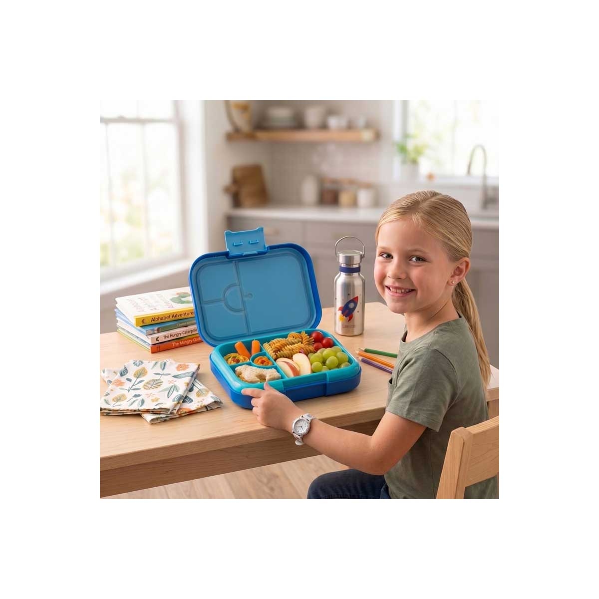 Cocobee 15" Blue Astronaut Backpack + Pencil Case + Water Bottle with Bento Lunch Box Set