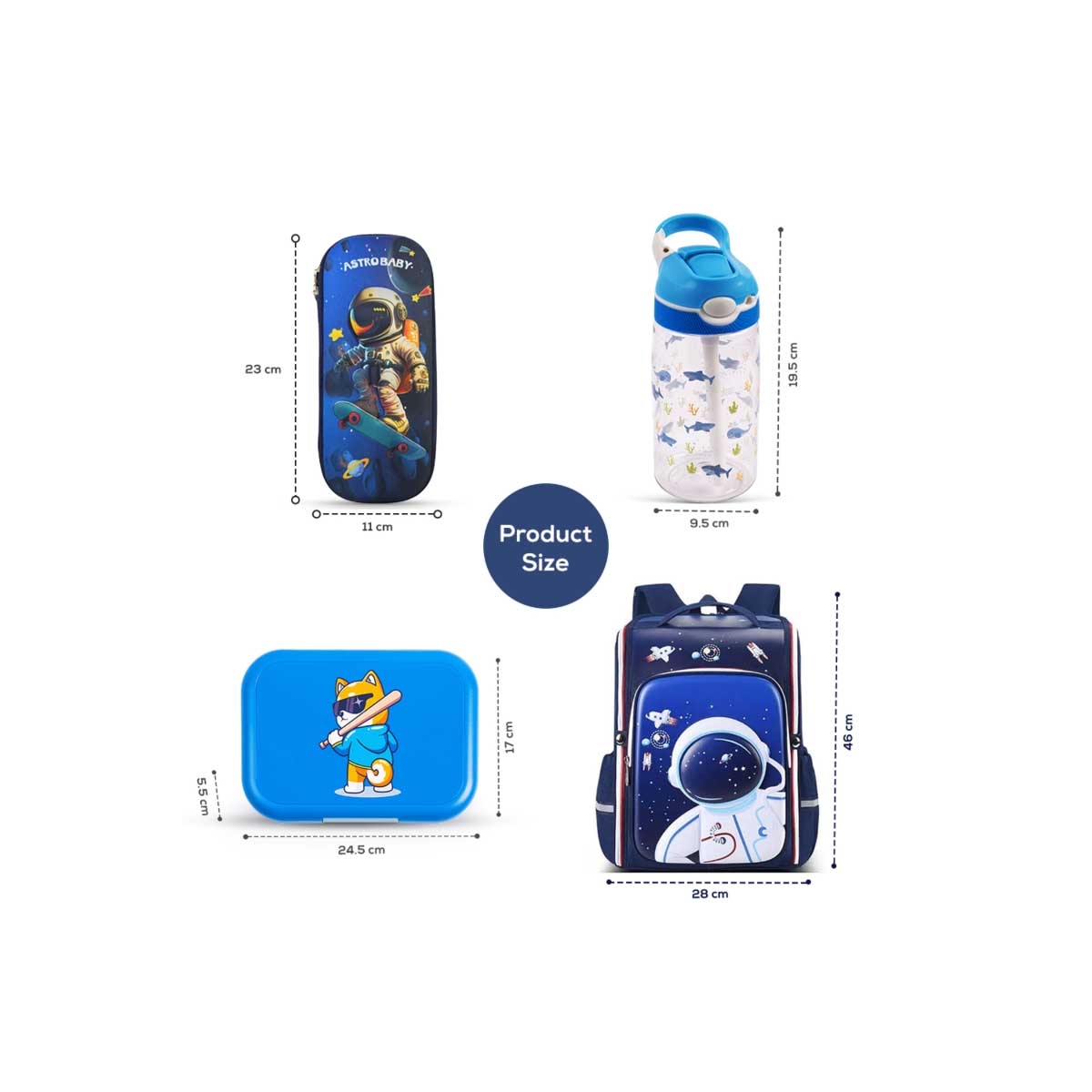 Cocobee 15" Blue Astronaut Backpack + Pencil Case + Water Bottle with Bento Lunch Box Set