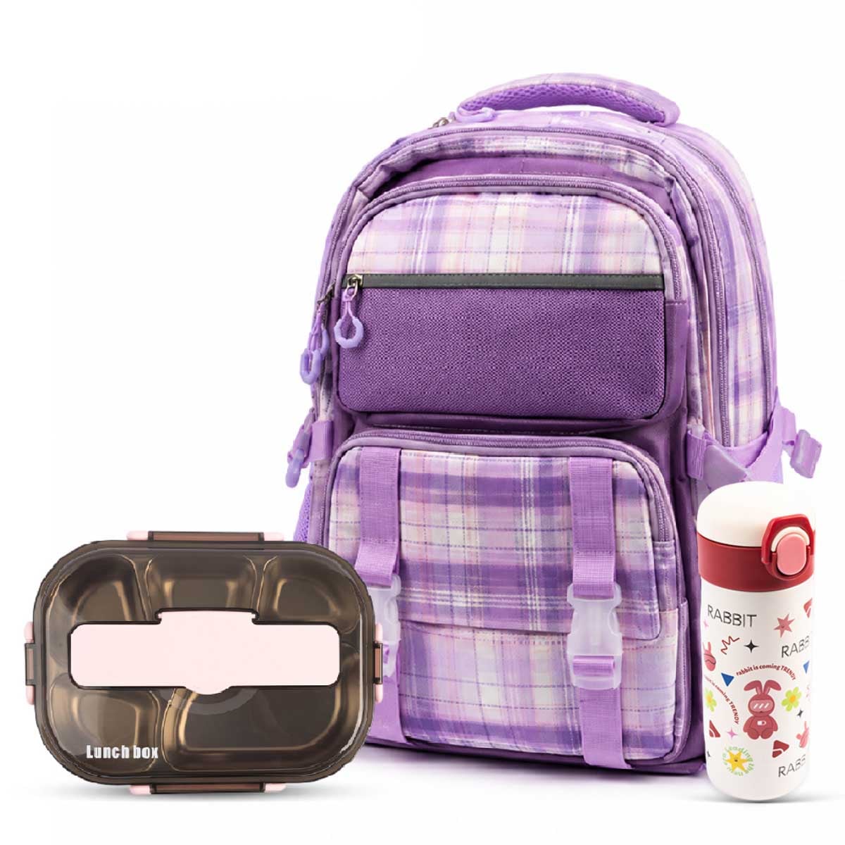Cocobee 15" Purple Kids Backpack with Oval Lunch Box & Stainless Steel Water Bottle Set