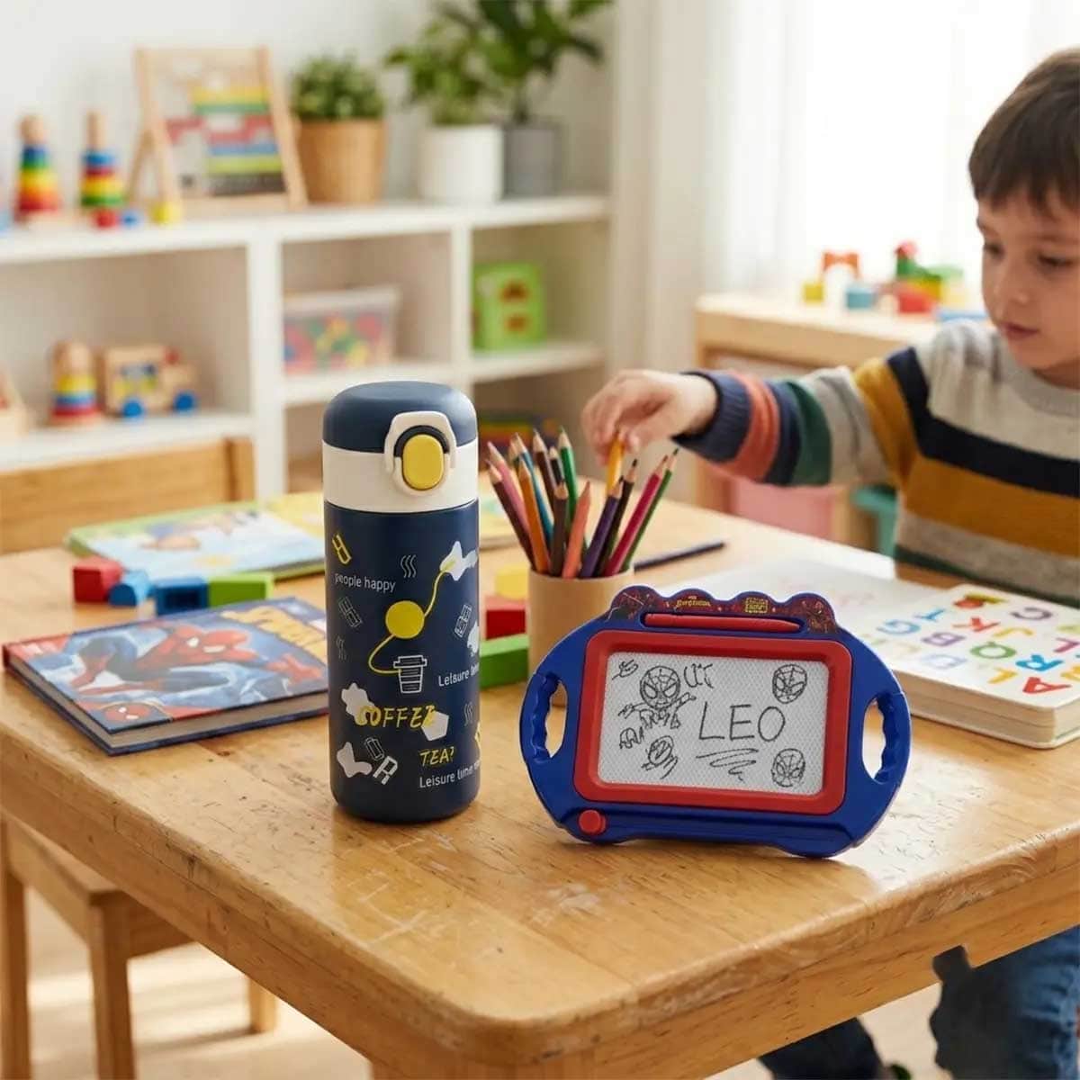 Cocobee 500ml Blue Insulated Stainless Steel Water Bottle with Marvel Spider-Man Writing Board