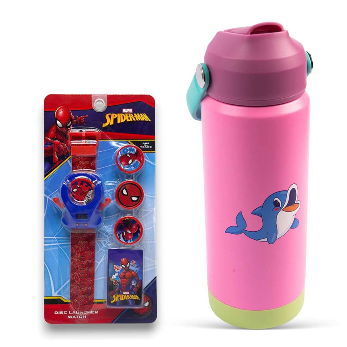 Cocobee 500ml Pink Insulated Stainless Steel Water Bottle with Marvel Spider-Man Watch