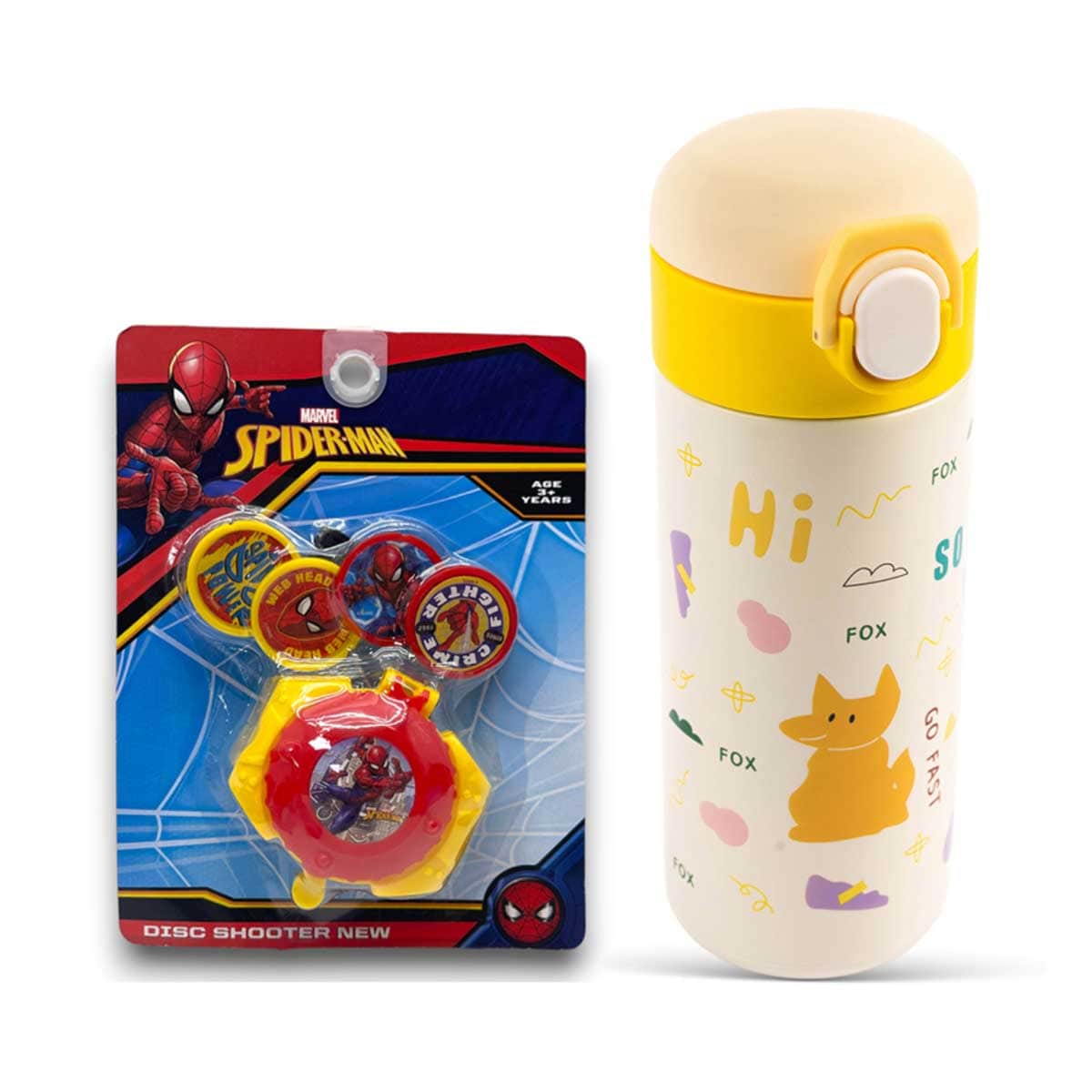 Cocobee 500ml Yellow Insulated Stainless Steel Water Bottle with Marvel Spider-Man Disc Toy