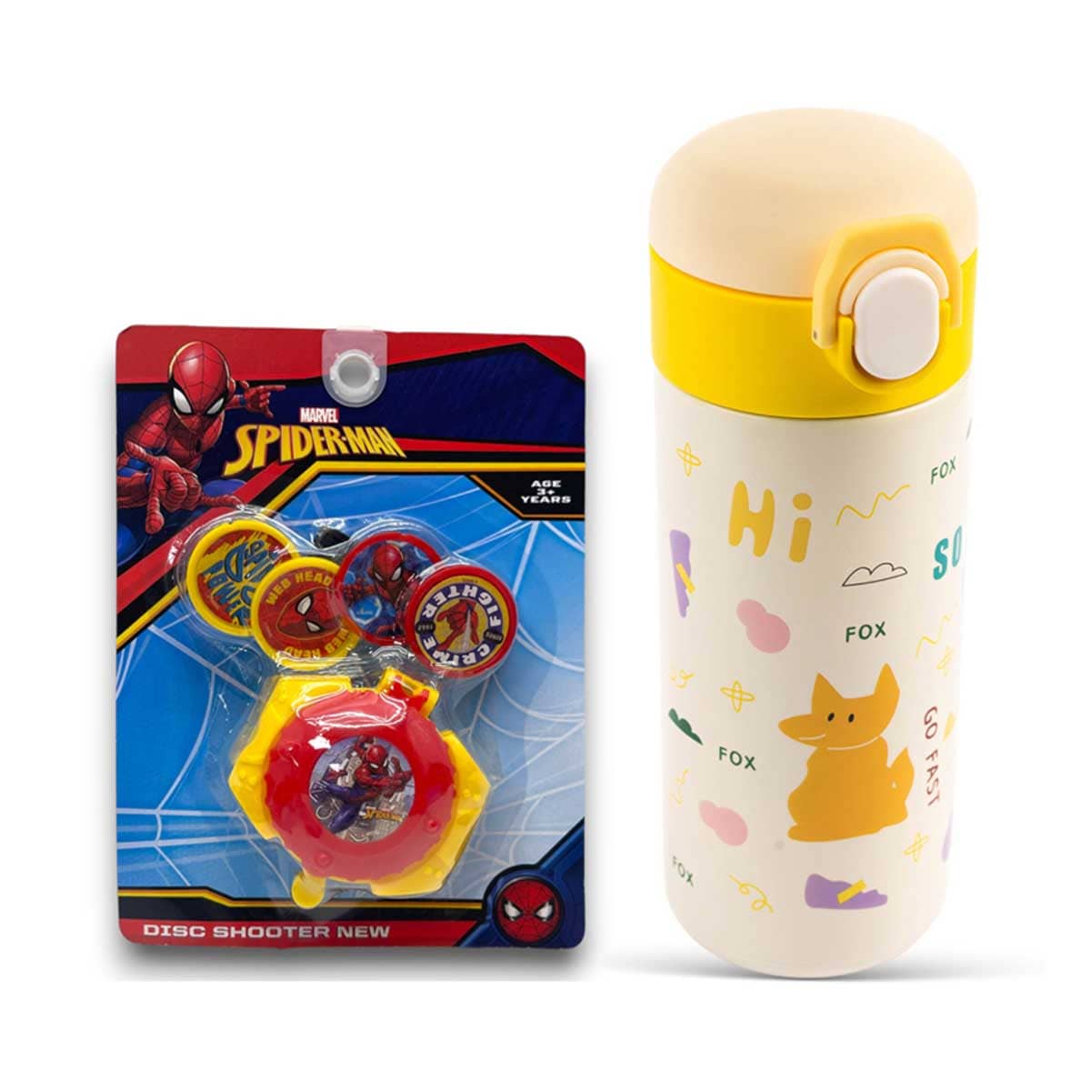 Cocobee 500ml Yellow Insulated Stainless Steel Water Bottle with Marvel Spider-Man Disc Toy
