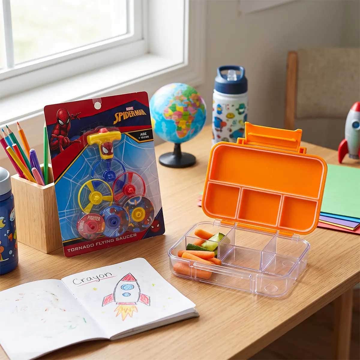 Cocobee 585ml Orange Tritan Bento Lunch Box with Marvel Spider-Man Flying Saucer Toy