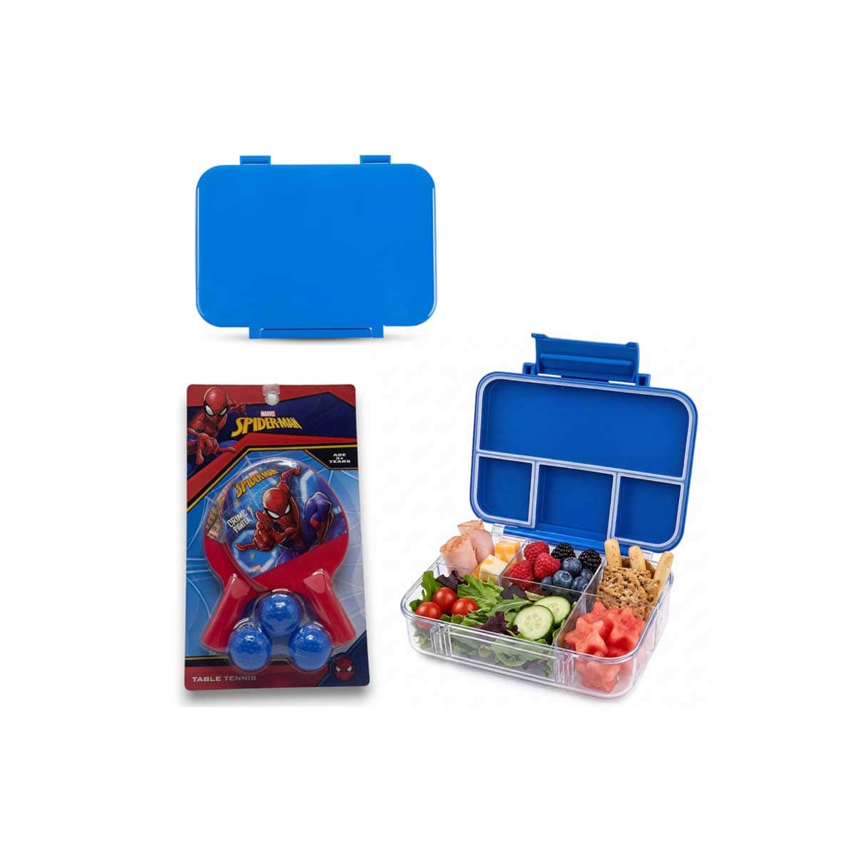 Cocobee Blue 4-Compartment Tritan Bento Lunch Box with Marvel Spider-Man Paddle Ball Set