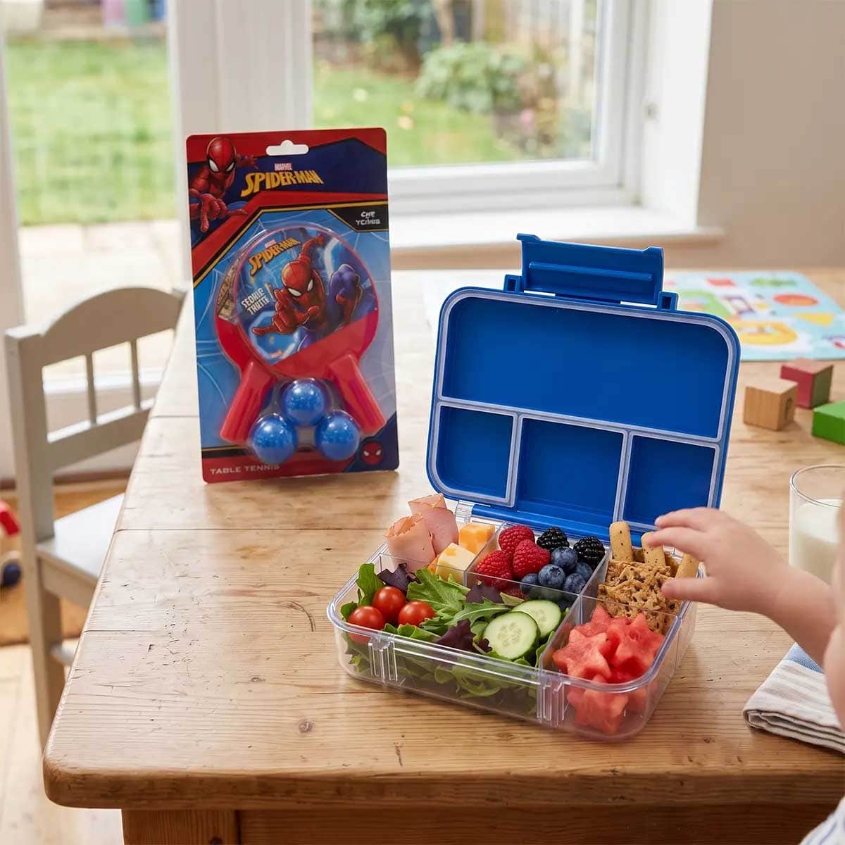 Cocobee Blue 4-Compartment Tritan Bento Lunch Box with Marvel Spider-Man Paddle Ball Set