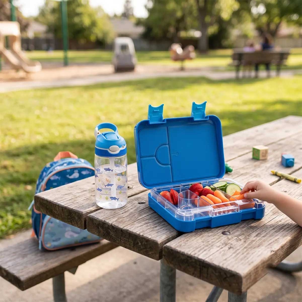 Cocobee Blue 6-Compartment Kids Bento Lunch Box with Ocean Tritan Water Bottle