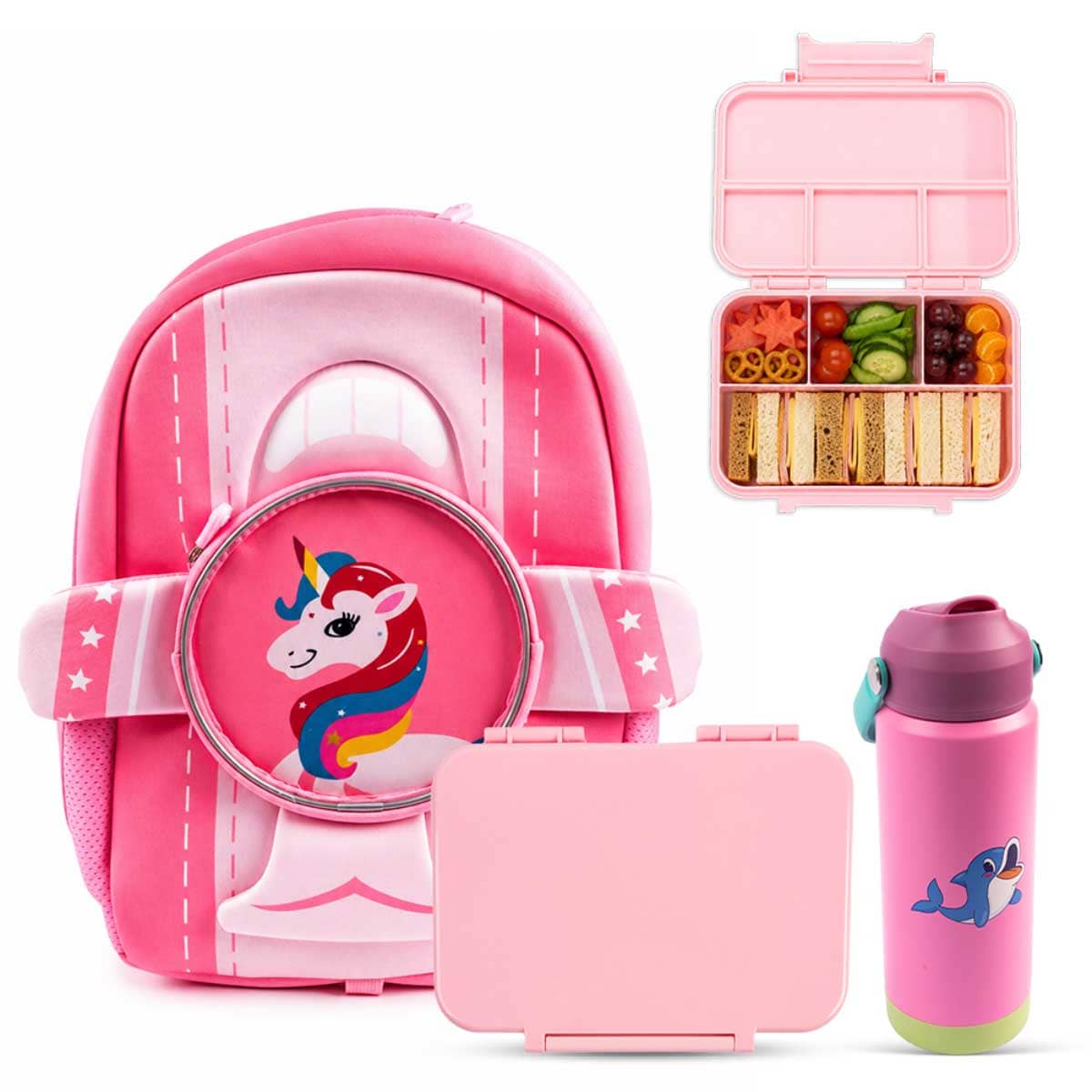 Cocobee Pink Unicorned Backpack with Insulated Water Bottle & Leakproof Bento Lunch Box Set