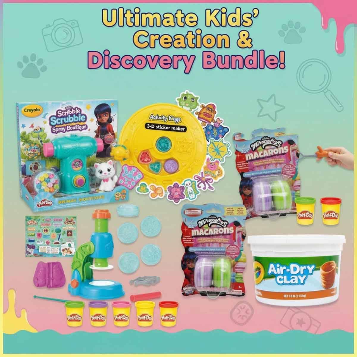 Crayola Air Dry Clay & Scribble Scrubbie Boutique with Miraculous Macarons, Ily 3D Sticker Maker & Play-Doh Microscope Bundle Pack Unisex, 5-7 Years