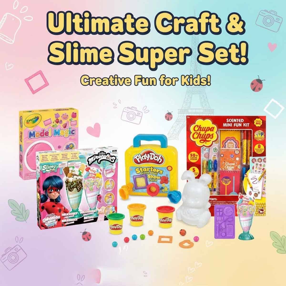 Crayola Clay & Glow Bunny Playset with Miraculous Slime, Chupa Chups Stationery & Play-Doh Photo Fun Bundle Unisex, 3-4 Years