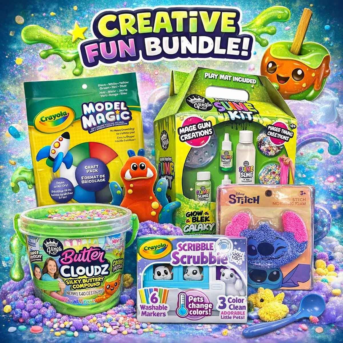 Crayola Clay & Snow Explorer with Disney Stitch Modelling Foam & Compound Kings Slime Kit Bundle Unisex, 5-7 Years