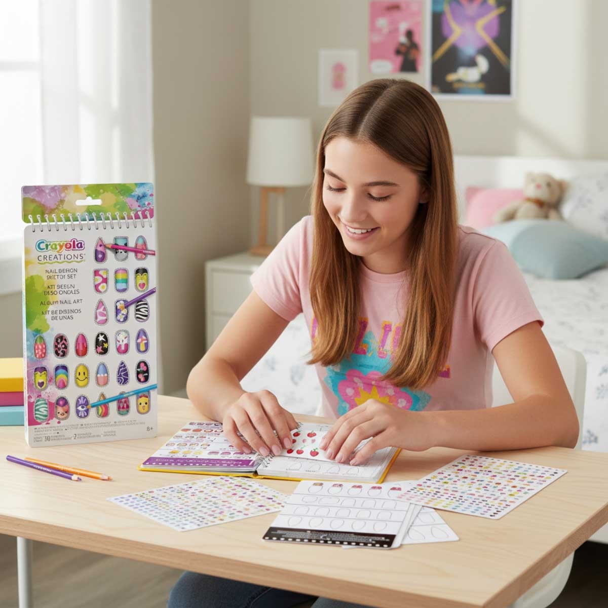 مجموعة ملصقات تصميم الأظافر من كرايولا كرييشنز، للبنات من 8 إلى 10 سنوات