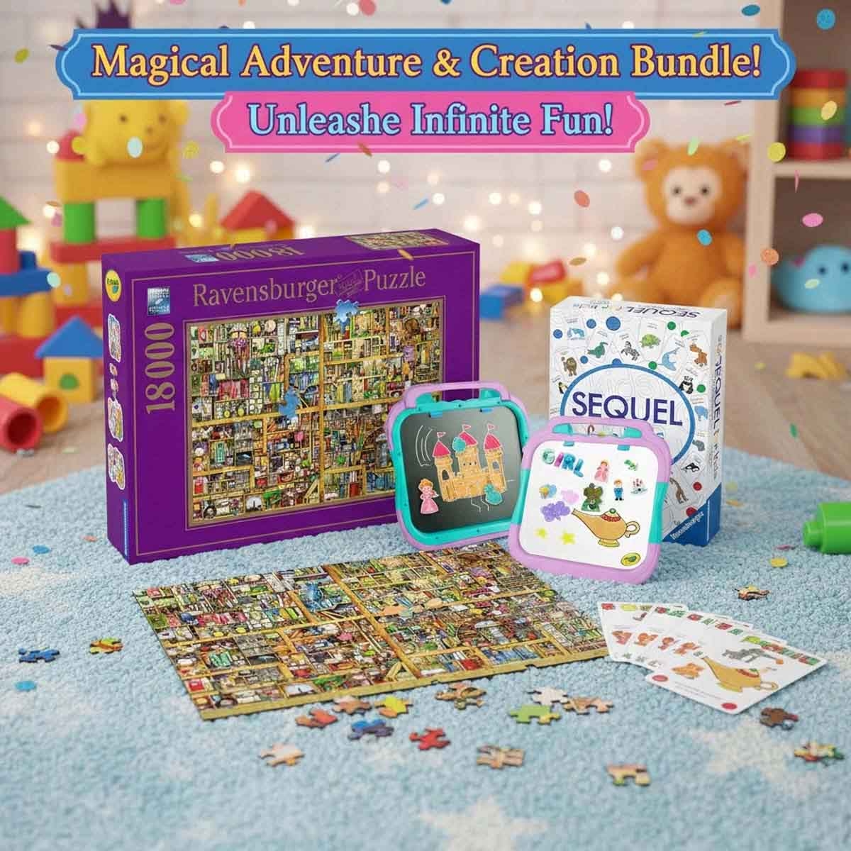 Crayola Fairy Tale Board with Ravensburger Bookcase & Ankit Toys Sequel Board Game Bundle Unisex, 13+ Years