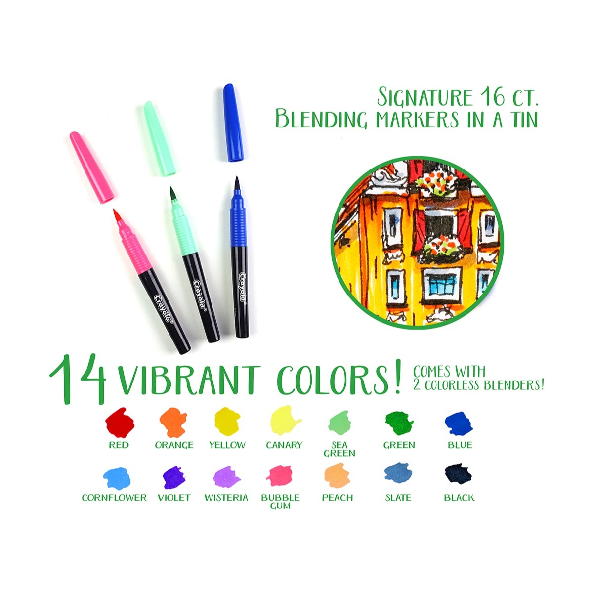 كرايولا أقلام تعليم دمج سيغنتشر مع علبة قصدير – 16 قلم، للجنسين، 8-10 سنوات