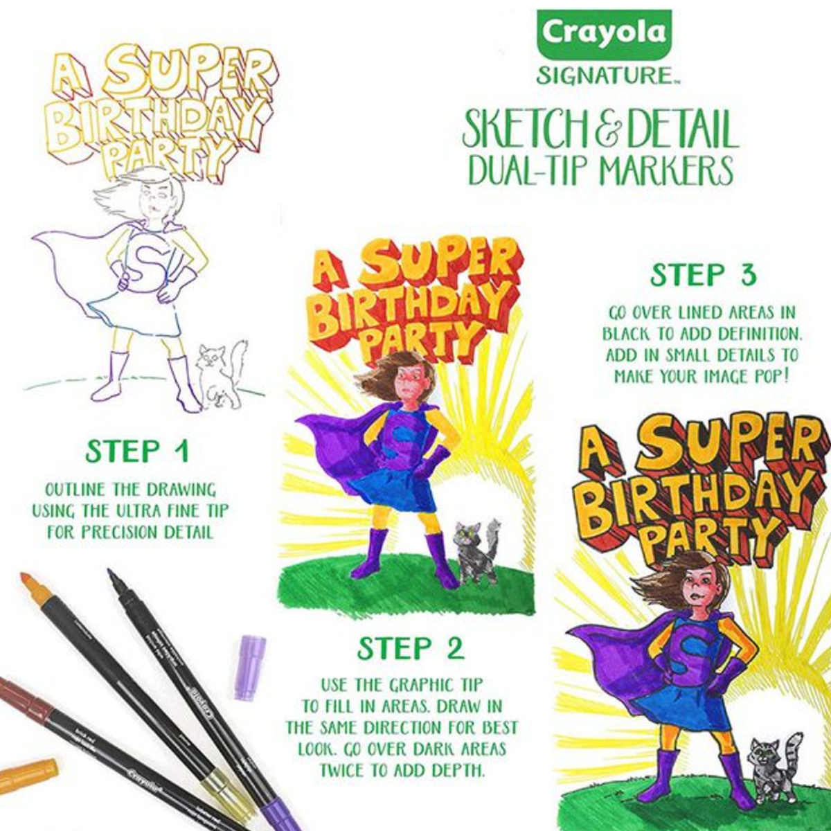 كرايولا أقلام تعليمية مزدوجة الرأس للرسم والتحديد من مجموعة سيغنيتشر، للجنسين، 8-10 سنوات، عدد 16