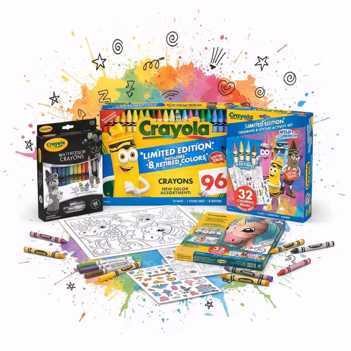 Crayola Watercolour & Limited Edition Crayons with Activity Set & Coloring & Sticker Activity Bundle Pack Unisex, 3-4 Years