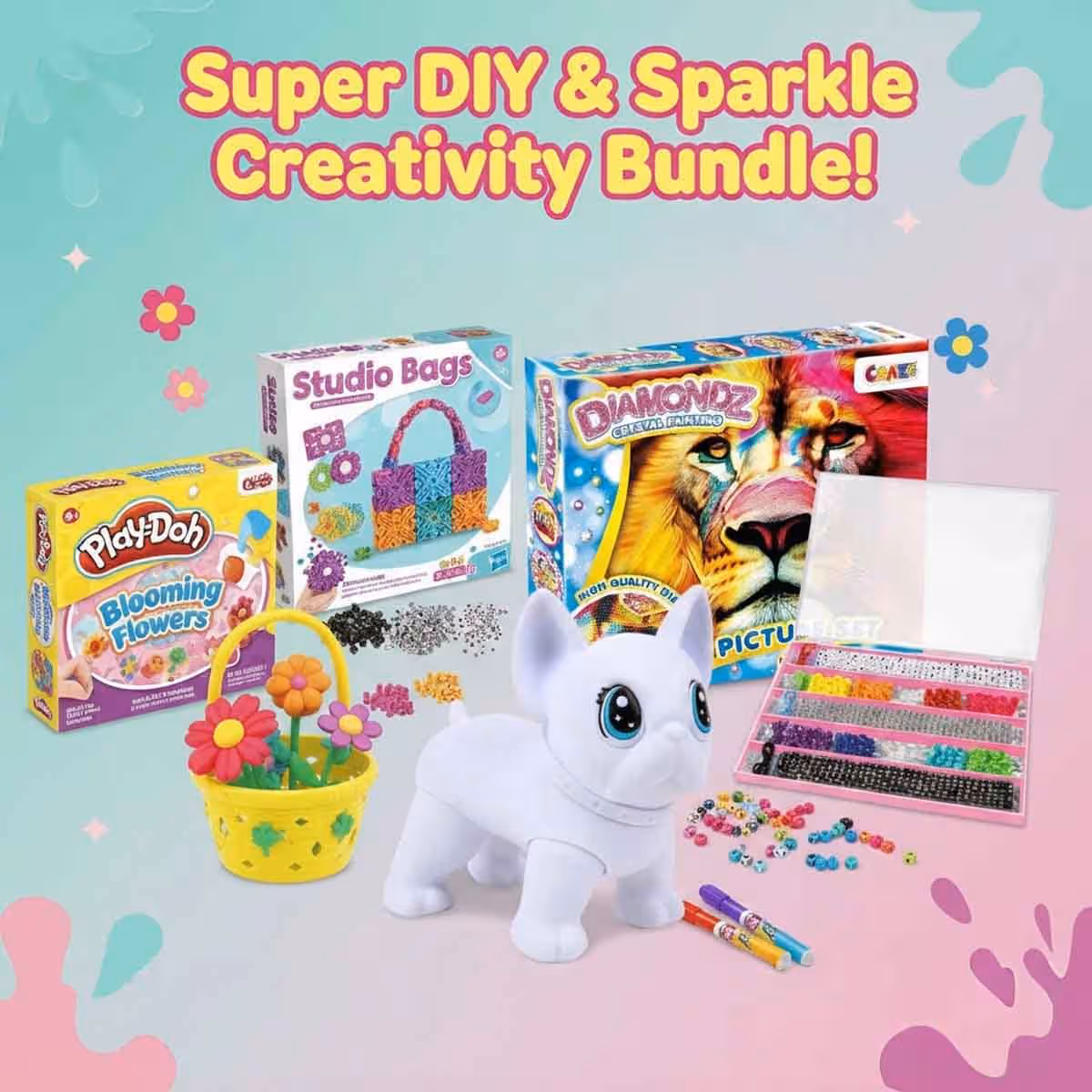 Craze Diamondz Lion Set with Studio Bag DIY & Alphabet Bead Kit, Scribble Scrubbie Wilbur & Play-Doh Flowers Bundle Unisex, 5-7 Years