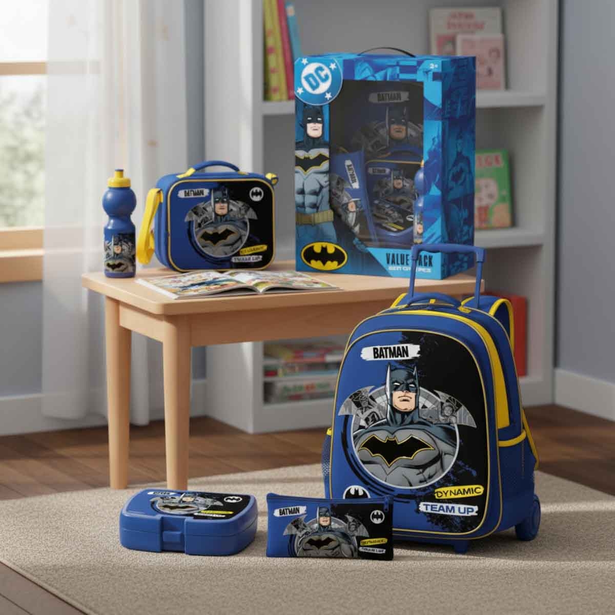 دي سي باتمان مجموعة حقيبة ترولي 5 في 1 مقاس 16 انش مع صندوق غداء وزجاجة ومقلمة وحقيبة غداء