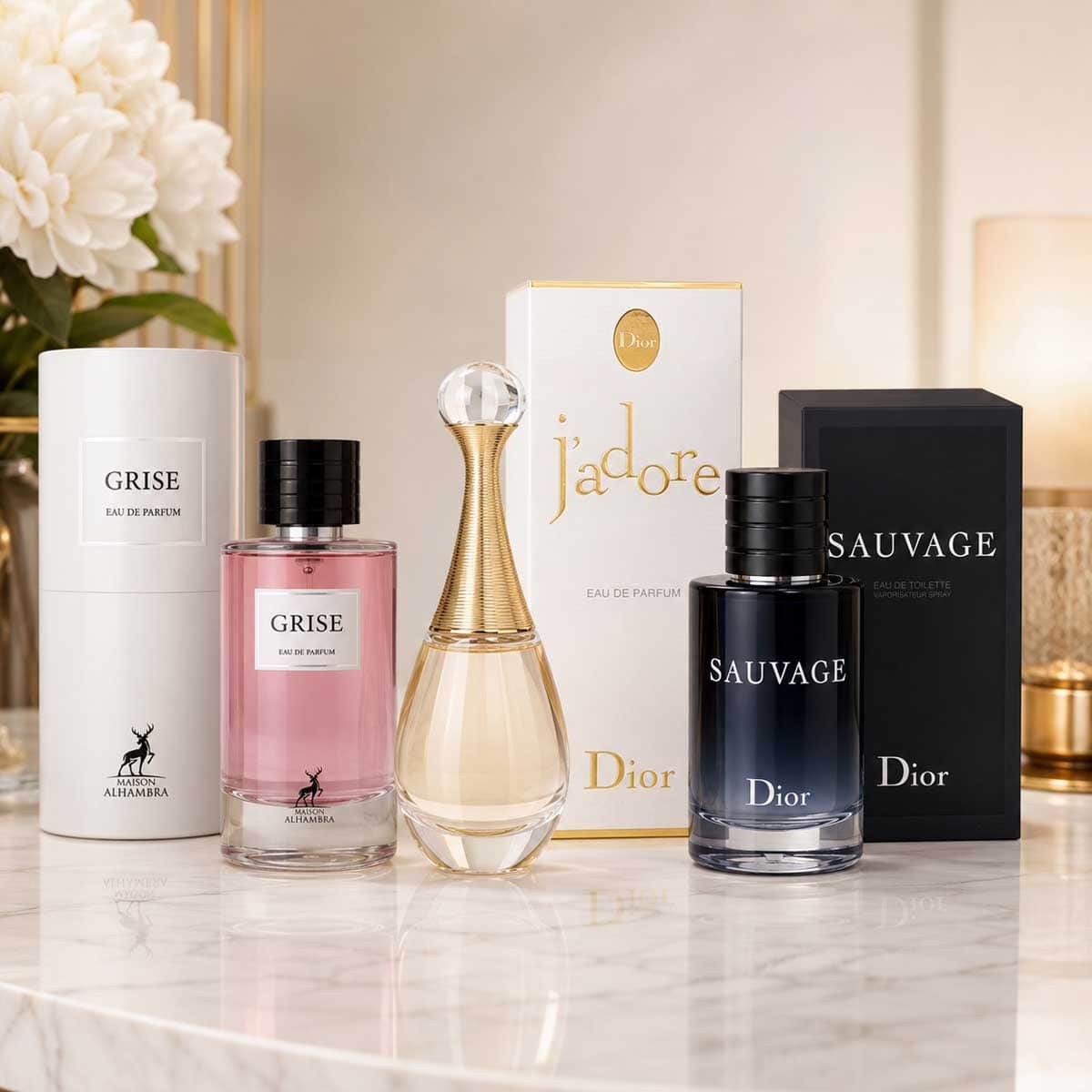 ديور جادور عطر أو دو بارفيوم مع ديور سوفاج عطر أو دو تواليت بالإضافة إلى ميزون الحمراء غريس عطر أو دو بارفيوم للجنسين، باقة