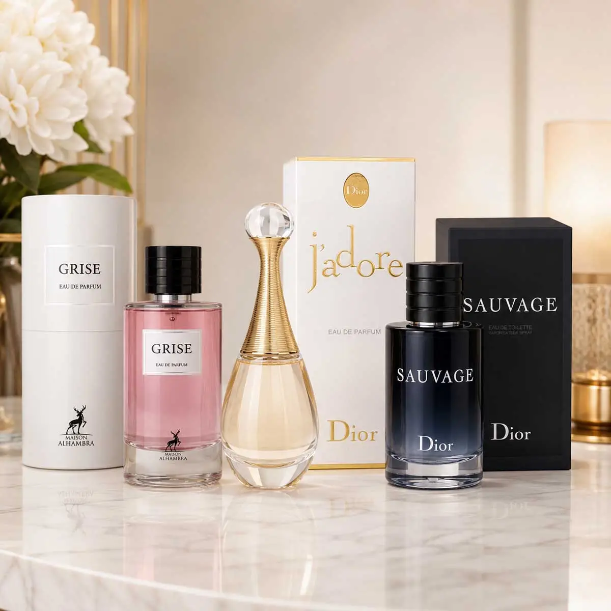 ديور جادور عطر أو دو بارفيوم مع ديور سوفاج عطر أو دو تواليت بالإضافة إلى ميزون الحمراء غريس عطر أو دو بارفيوم للجنسين، باقة