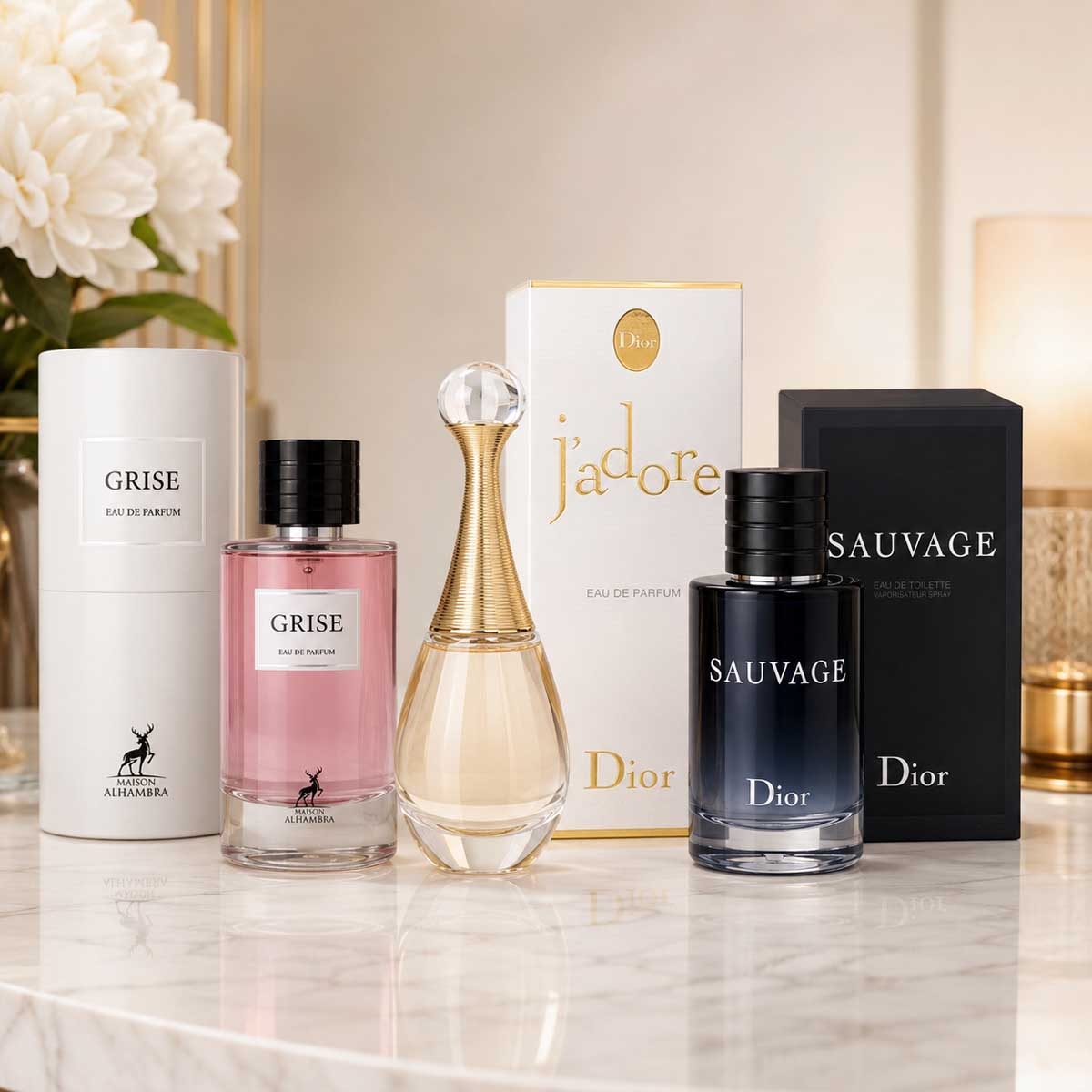 ديور جادور عطر أو دو بارفيوم مع ديور سوفاج عطر أو دو تواليت بالإضافة إلى ميزون الحمراء غريس عطر أو دو بارفيوم للجنسين، باقة