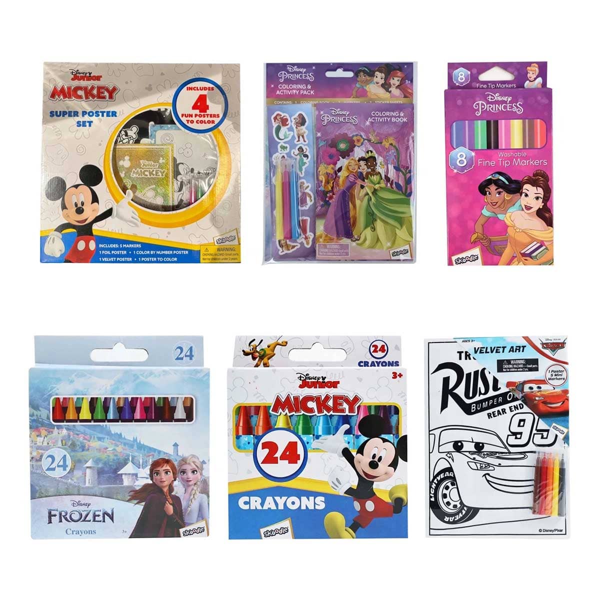 Disney Pixar Cars Art Kit + Princess Activity Pack + Markers + Frozen & Junior Crayons with Poster Set Bundle