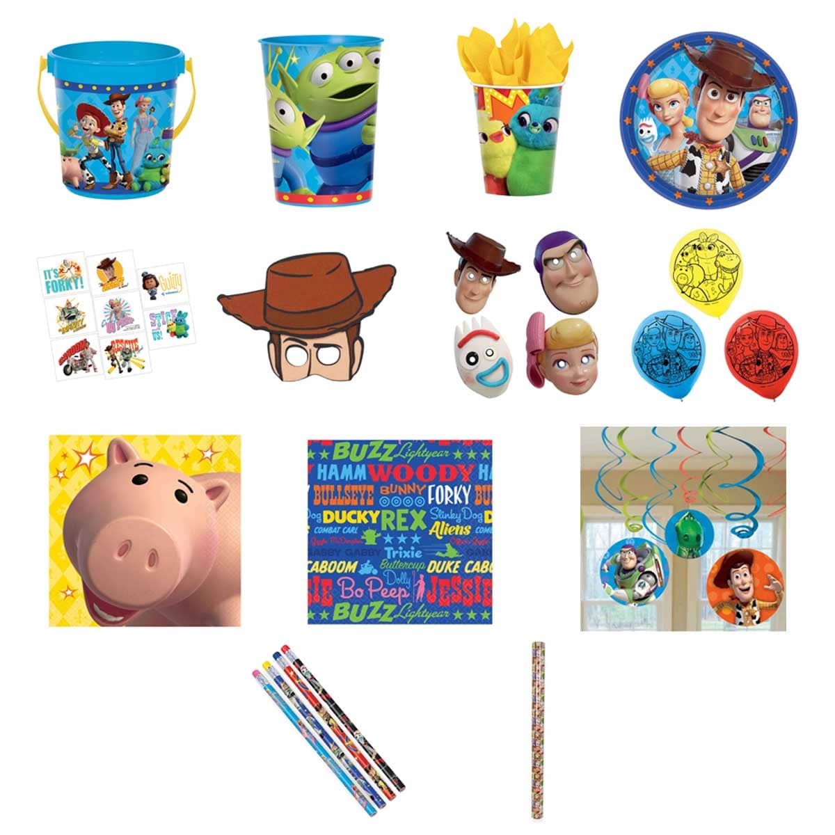Disney & Pixar Toy Story 4 Gift Wrap + Paper Cup & Plate + Napkins + Mask + Favor Cup & Container + Tattoos + Candle + Pencil + Decoration Set Bundle
