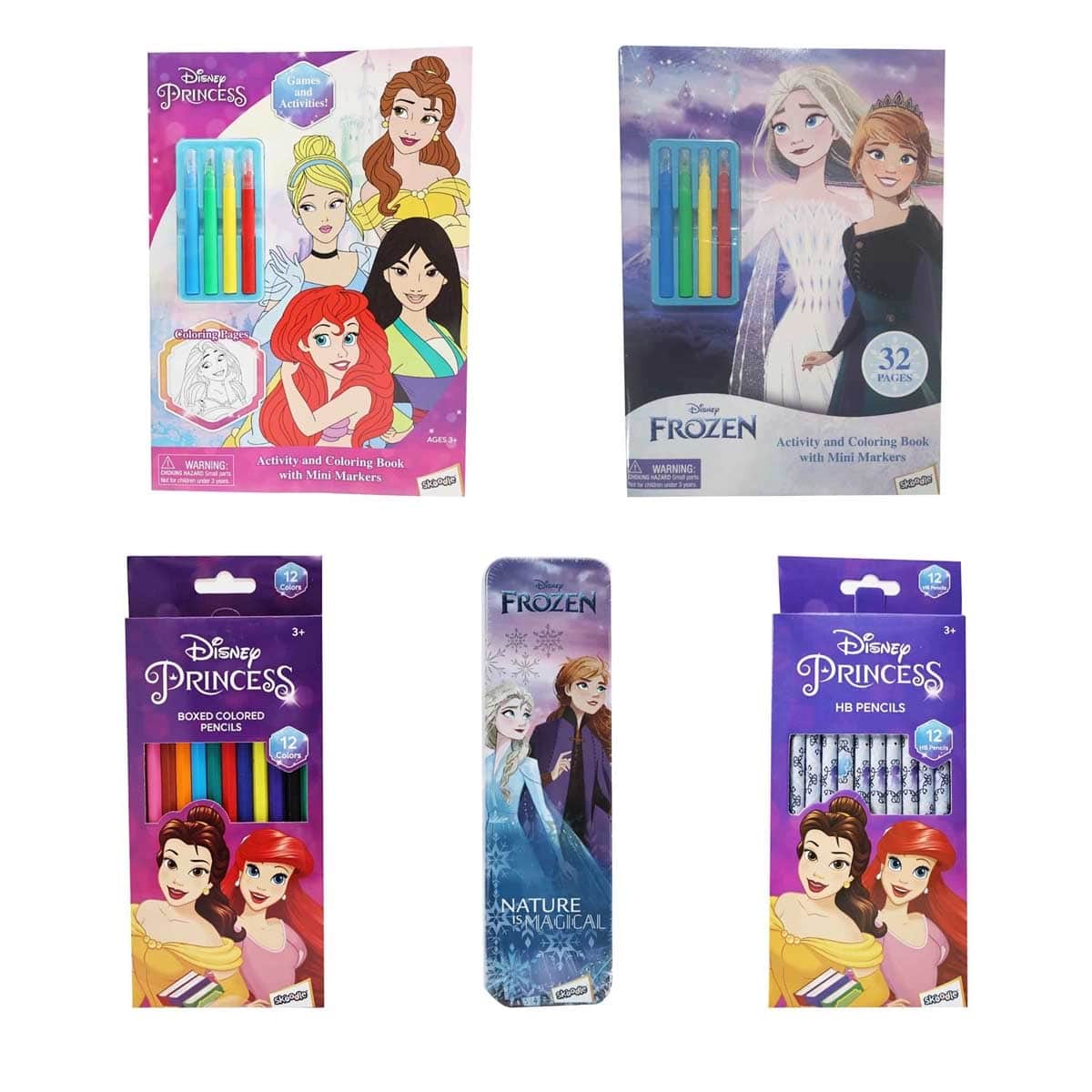 Disney Princess & Frozen 32-Pages Activity Book + 12 Coloured & HB Pencils with Pencil Box Bundle