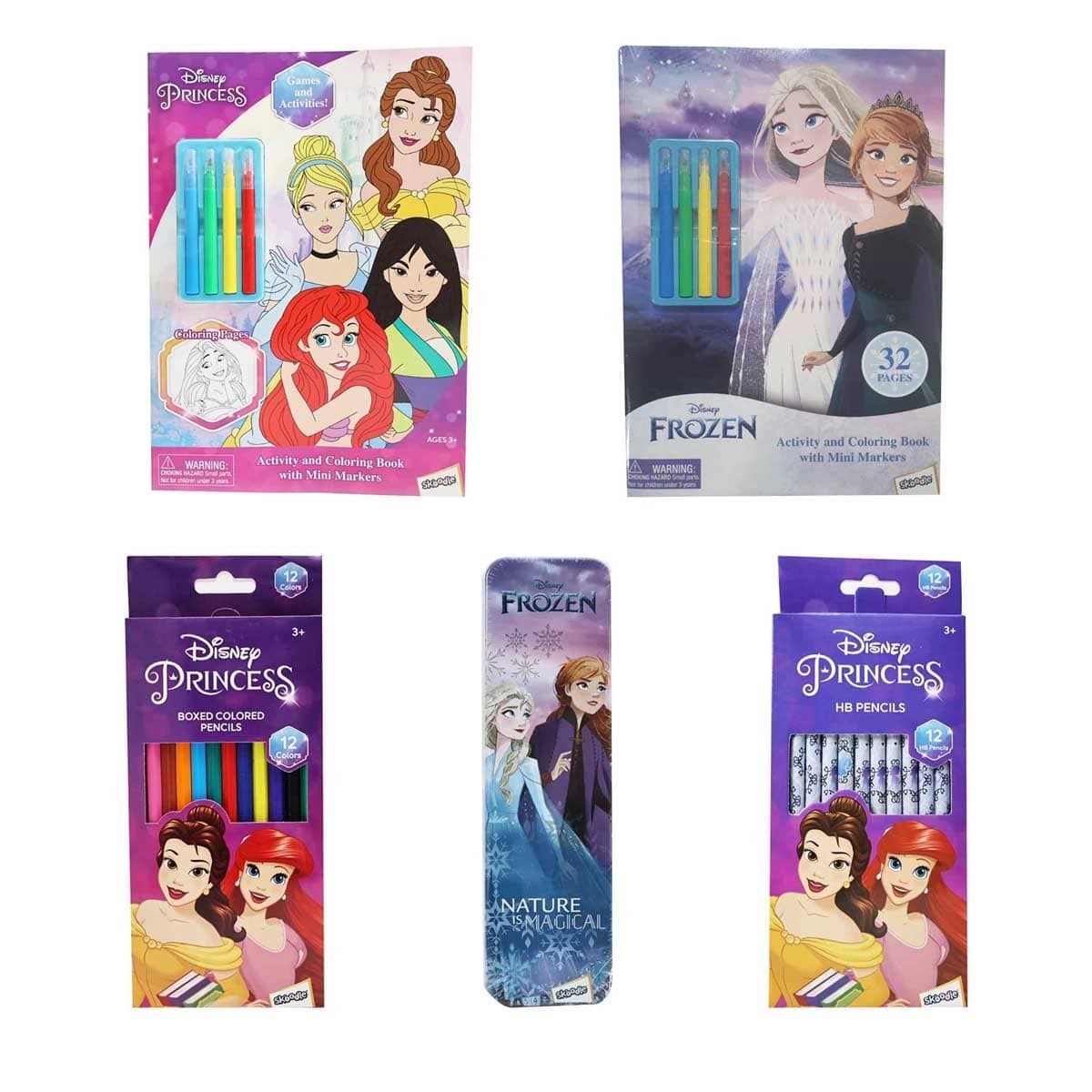 Disney Princess & Frozen 32-Pages Activity Book + 12 Coloured & HB Pencils with Pencil Box Bundle
