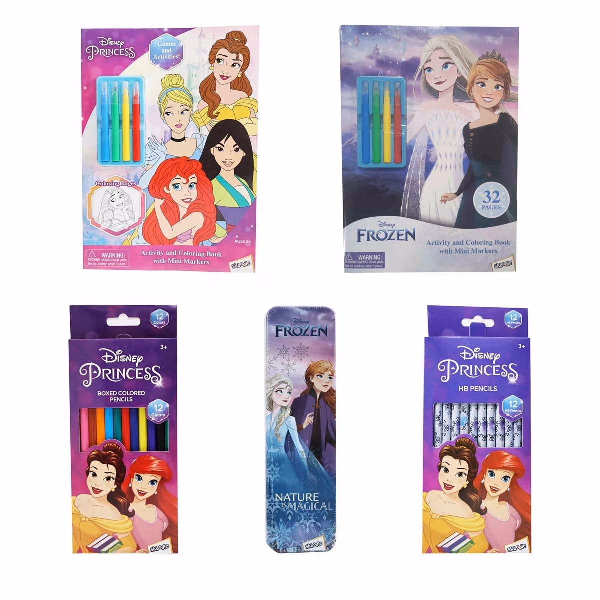 Disney Princess & Frozen 32-Pages Activity Book + 12 Coloured & HB Pencils with Pencil Box Bundle