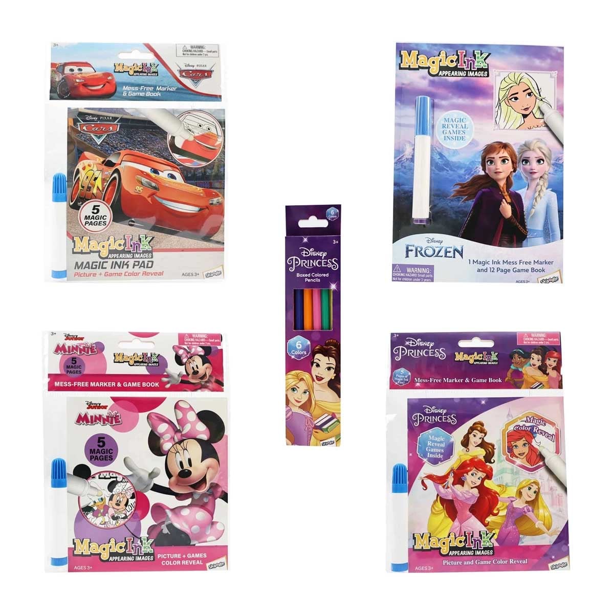 Disney Princess + Frozen + Minnie + Pixar Cars Mini Magic Ink Book with 6 Coloured Pencils Bundle