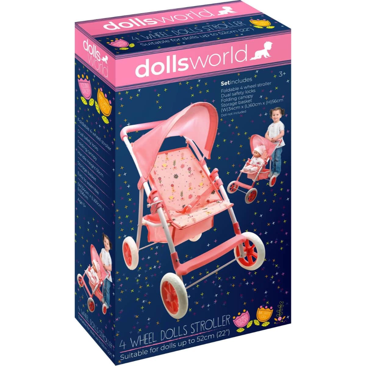 Dolls World 4-Wheel Stroller for 22″ Dolls Girls, 3-4 Years