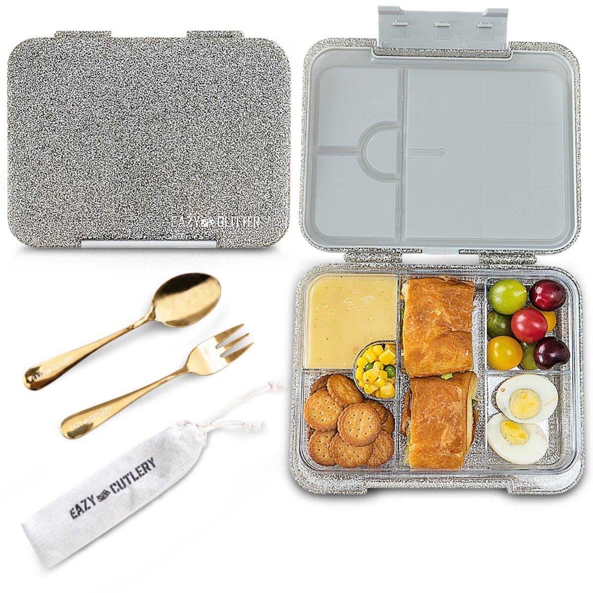 Eazy Kids 1214ml Glitter Silver 6 & 4 Convertible Bento Lunch Box