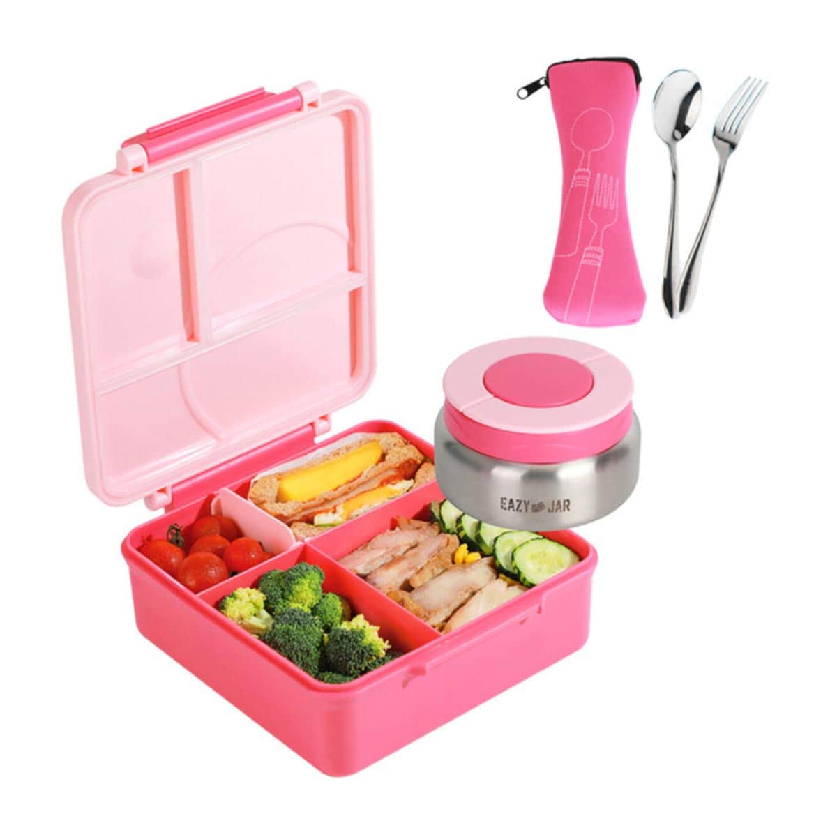 Eazy Kids 1600ml 3/4 Convertible Jumbo Bento Lunch Box with 290ml Leakproof SS Gravy Bowl, Spoon & Fork Set with Pouch