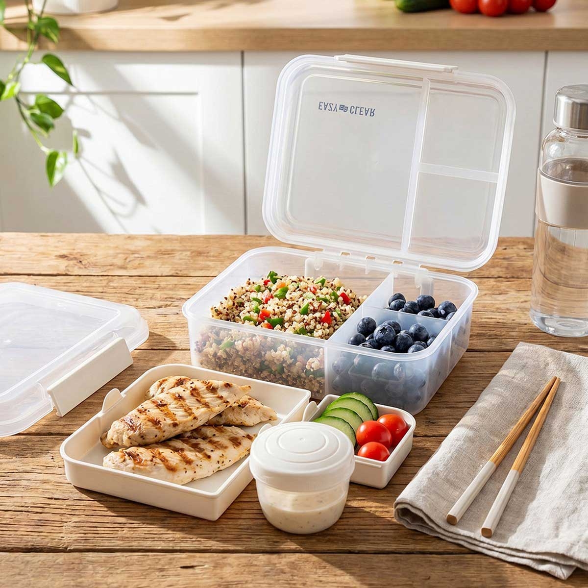 Eazy Kids 1650ml 3/4/5 Compartment Convertible Bento LunchBox with 150ml Gravy Bowl